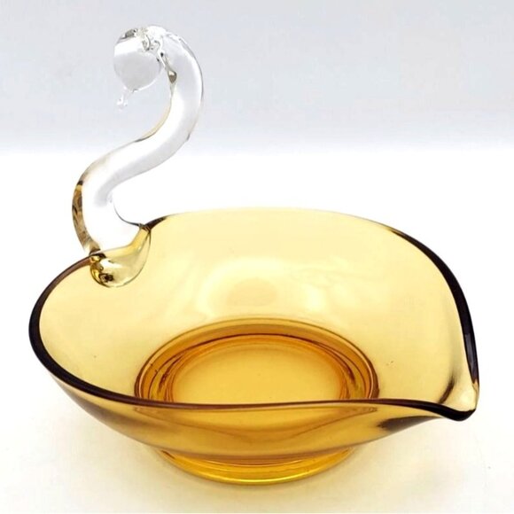Vintage MCM Viking Glass Amber Swan Candy Dish Applied Clear Glass Neck & Head - Picture 2 of 6